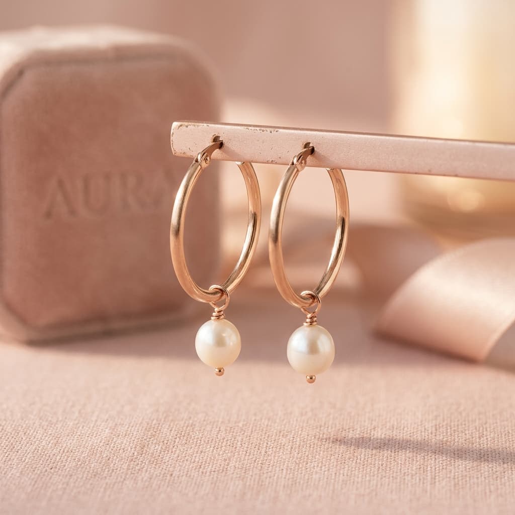 Rose Gold Pearl Hoop Earrings